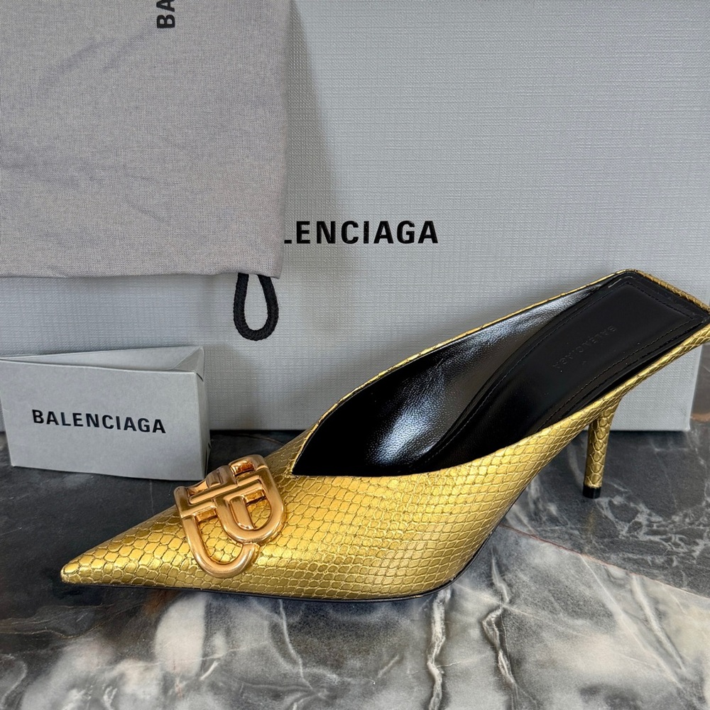 NIB $795 Balenciaga BB Knife Gold Pointed Toe Snakeskin Leather Mule Python 36/6